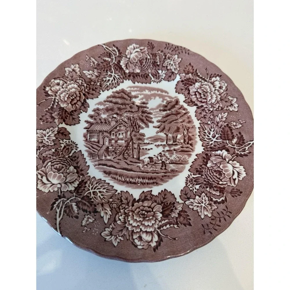 Vintage Wood & Sons Maroon‎ Transferware Salad Plates Lot of 2 English Floral
